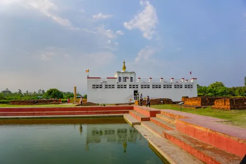 Peaceful monastery grounds in Lumbini, Nepal, a key stop on a multi-generation family road trip
